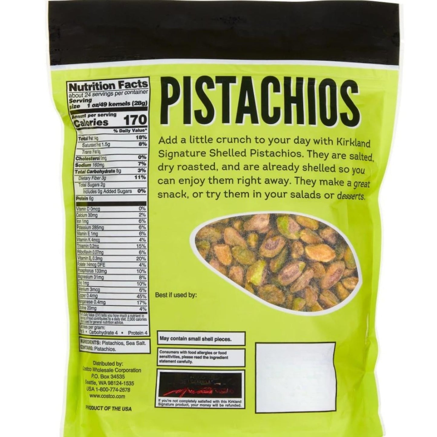 Signature Shelled Pistachios Snack Bulk Bag, Item 1076903, Roasted & Salted, 1.5 Lbs / 24 Oz