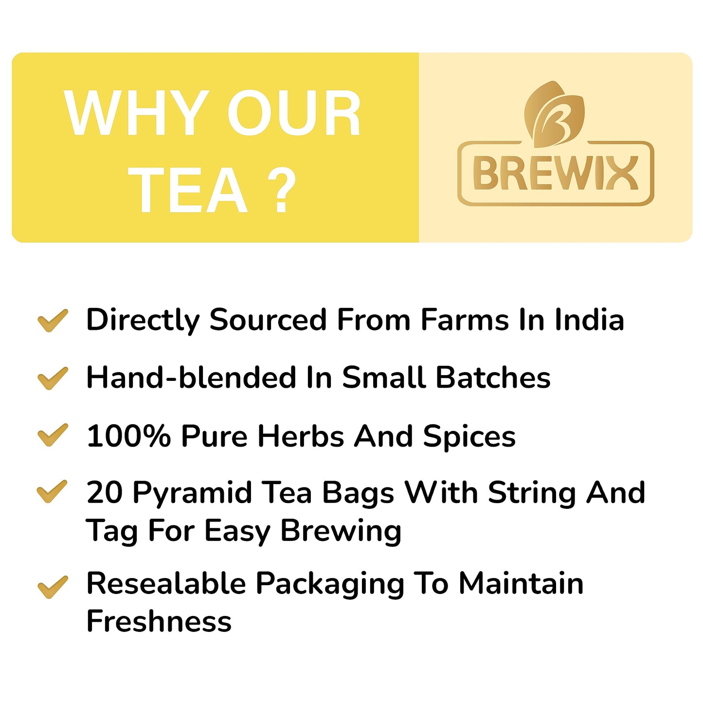 BREWIX Herbal Tea Bags, Turmeric Ashwagandha, Caffeine-Free, 20 Count, Resealable Pouch