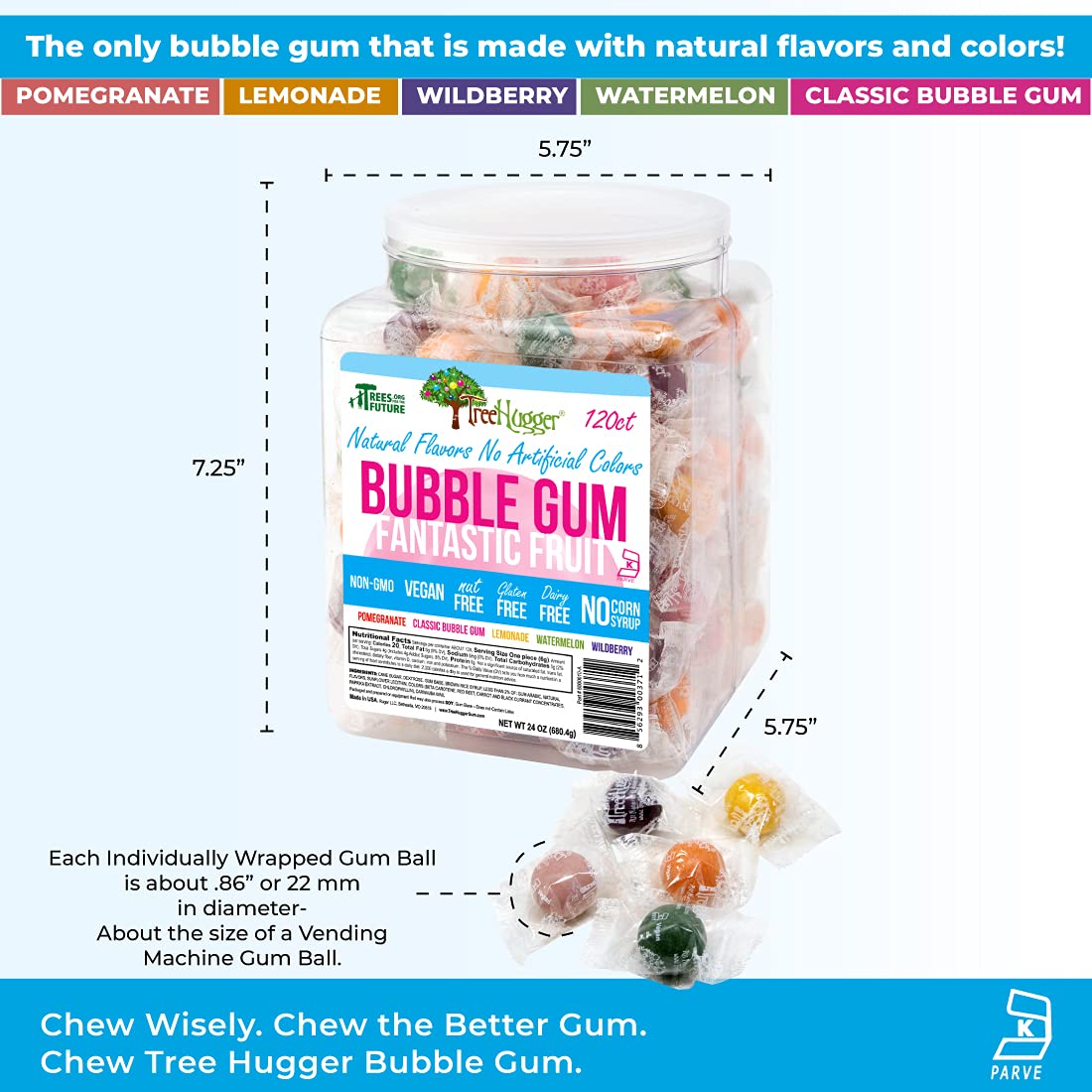 Tree Hugger Bubble Gum, Fantastic Fruit, Natural Flavors, No Artificial Colors, 120 Count Tub