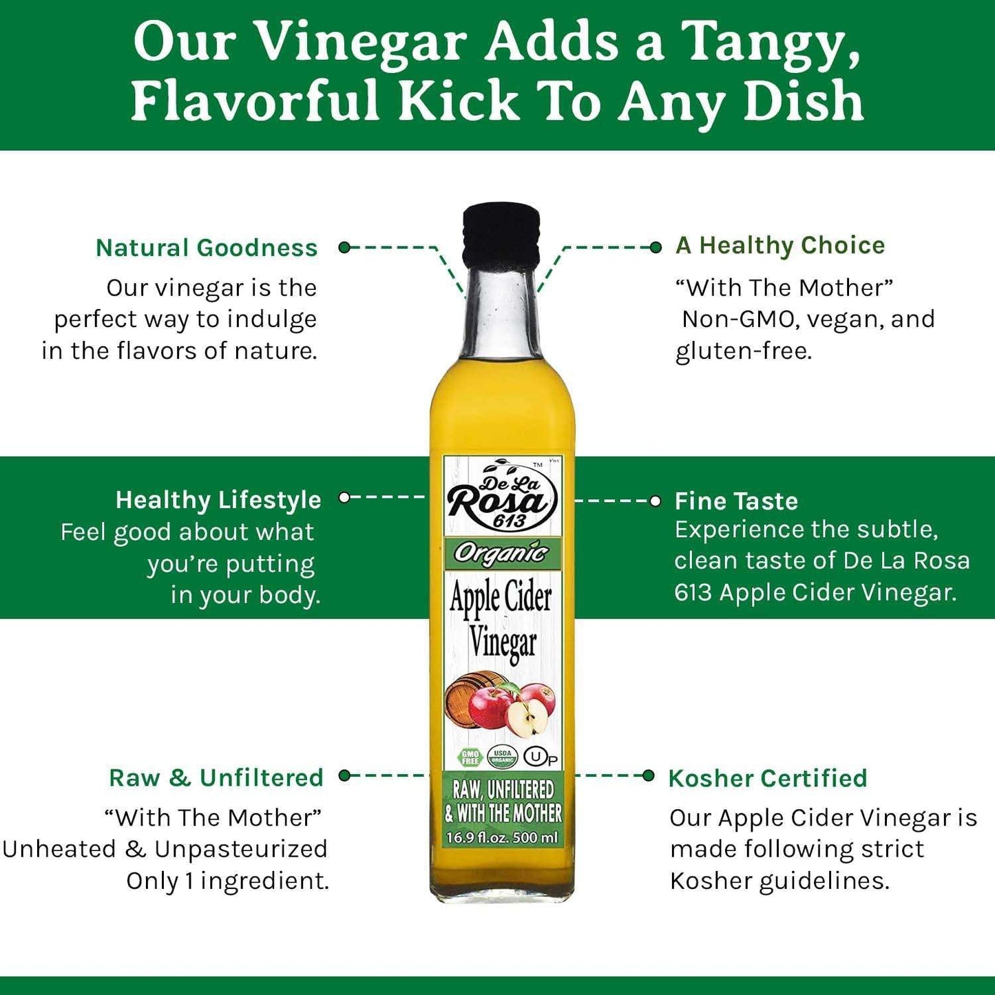 De La Rosa Organic Apple Cider Vinegar, Raw & Unfiltered, 16.9 Fl Oz, Vegan, Gluten-Free, Kosher for Passover
