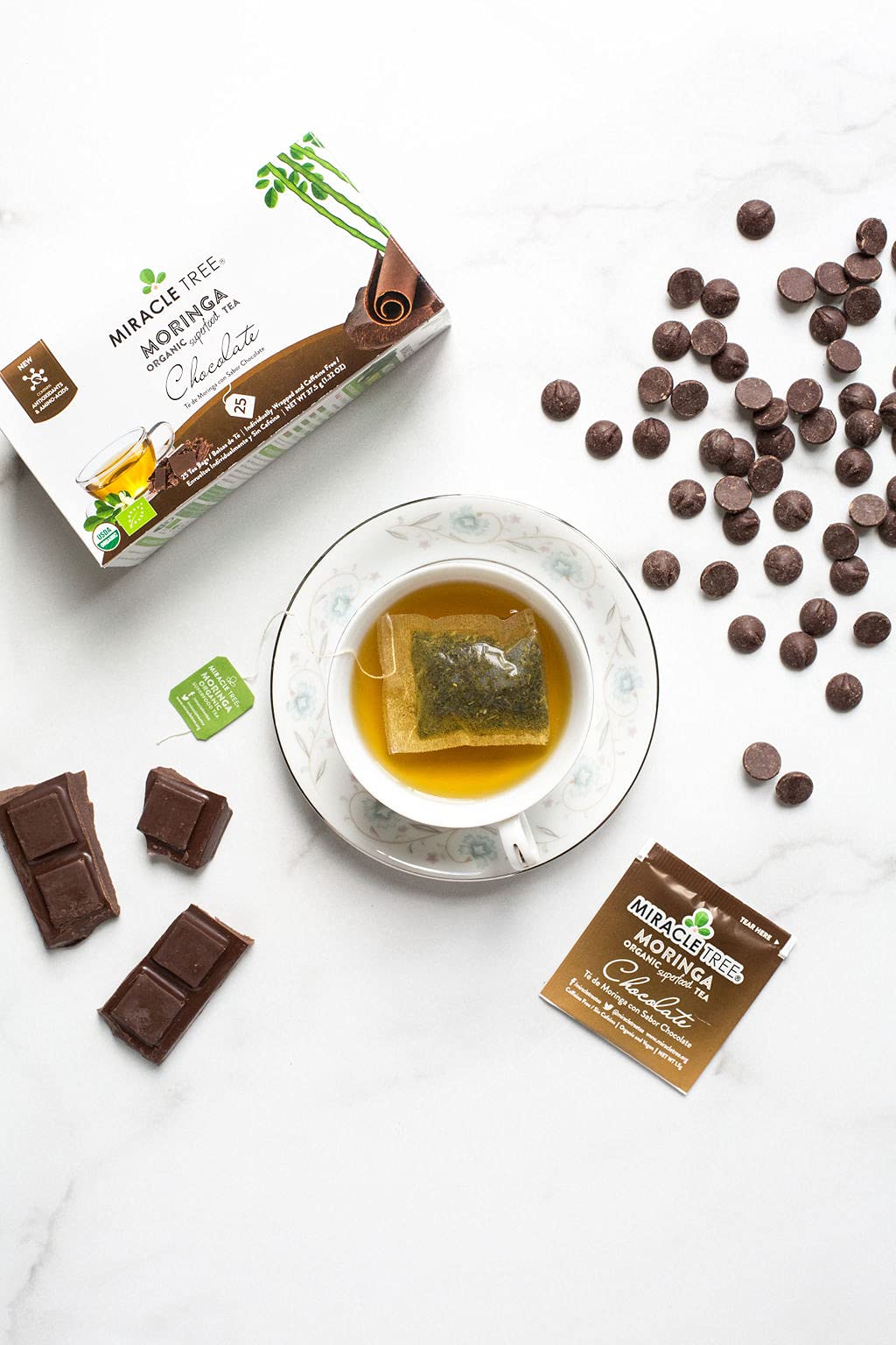 Tree Organic Moringa Superfood Tea, 25 Individually Sealed Bags, Chocolate, Vegan, Gluten-Free, Caffeine-Free