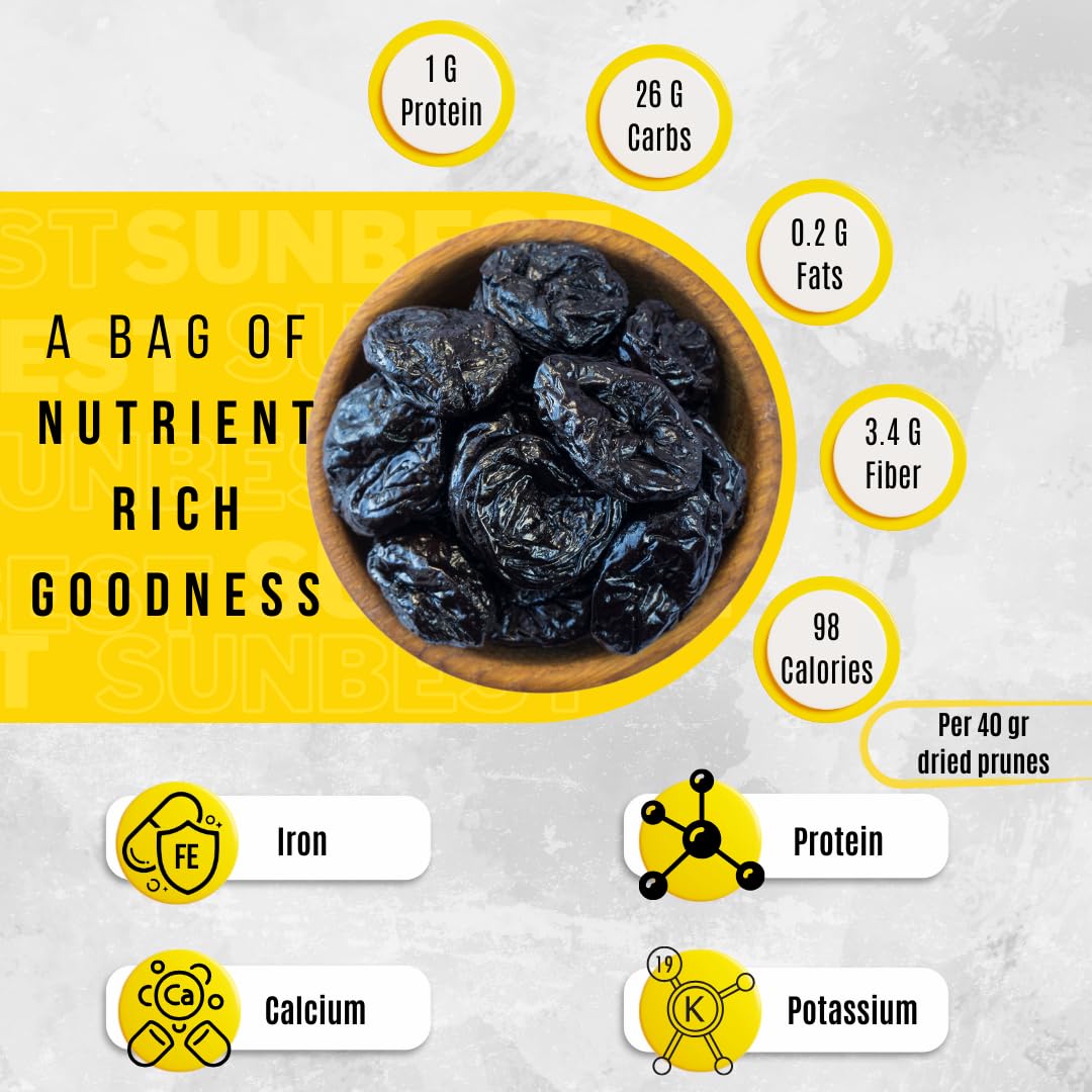 Sunbest Natural Jumbo Pitted Prunes 48Oz (3Lb) 1 Pack - Tender, Succulent, Nutrient, Rich Snack - Fiber & Antioxidants Source - Kosher Certified - Ideal For Snacking & Cooking - Long Lasting Freshness