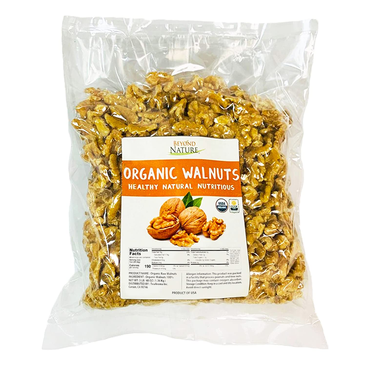 Beyond Nature Organic Raw Walnuts - Unsalted 3 Pound (48 oz) Vacuum Sealed, Non GMO, No Salt, Low Carb, Keto Friendly & Vegan Sn