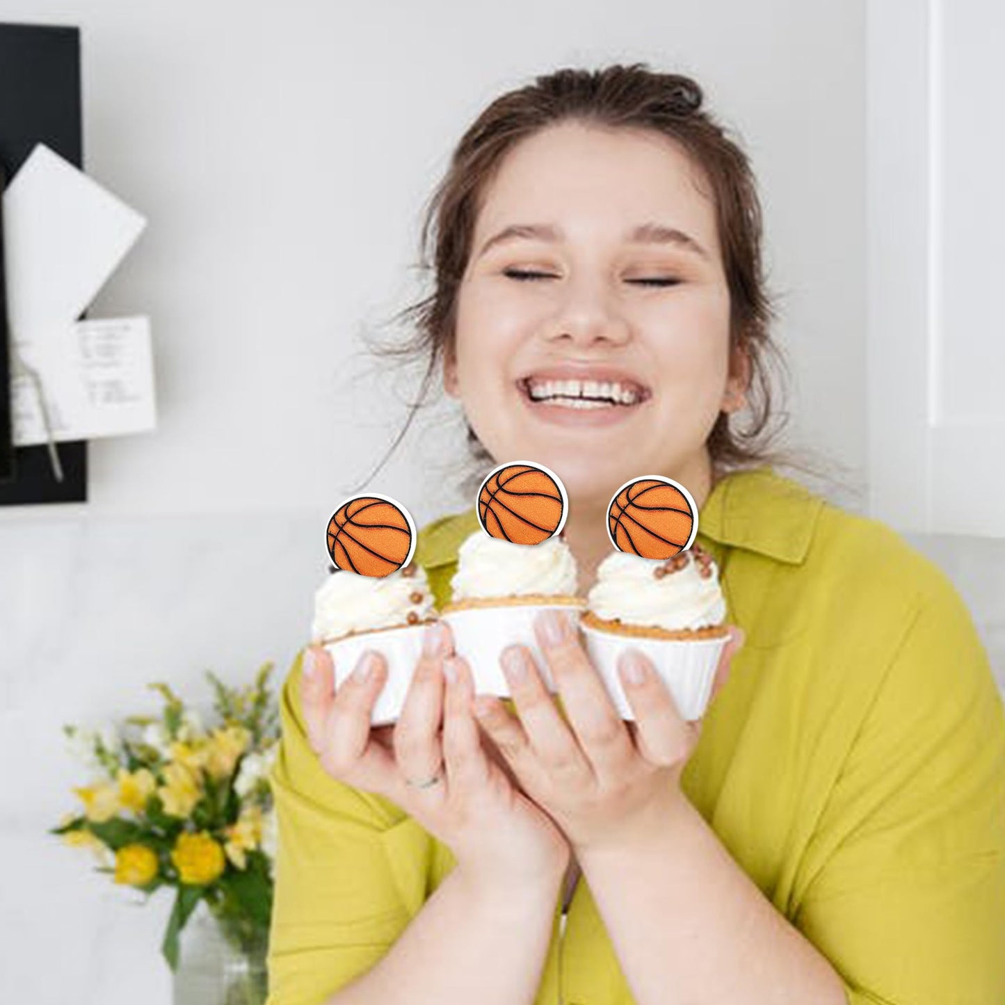 Rssta i 48 Pack Edible Basketball Cupcake Toppers - 1.3x1.3 inches - Sports Ball Decorations for Baby Shower Birthday Party