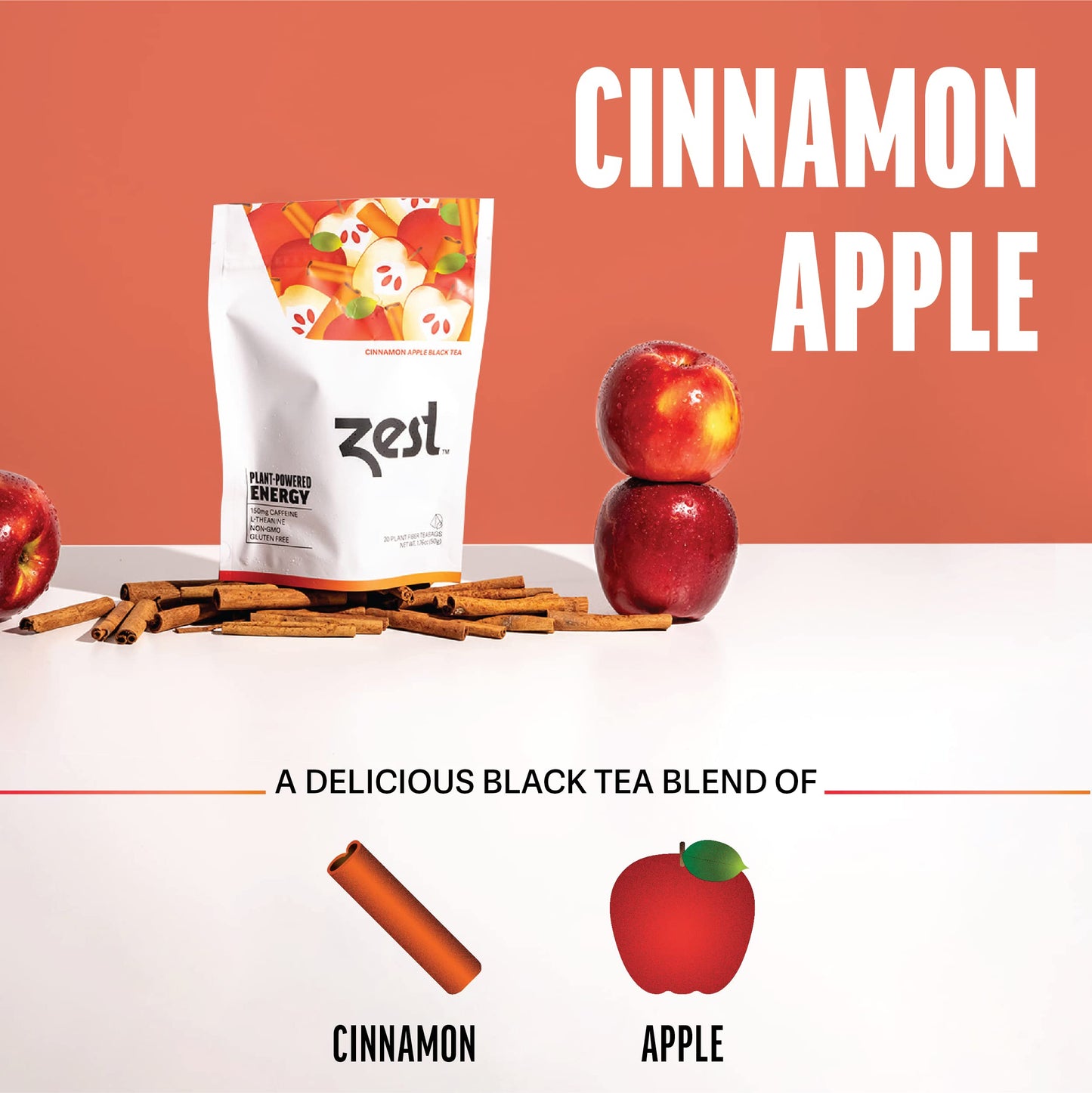 Zest Cinnamon Apple Spice Energy Tea Bags - High Caffeine Black Tea, 150mg Caffeine, 20 Count Pack, Non-GMO, Red