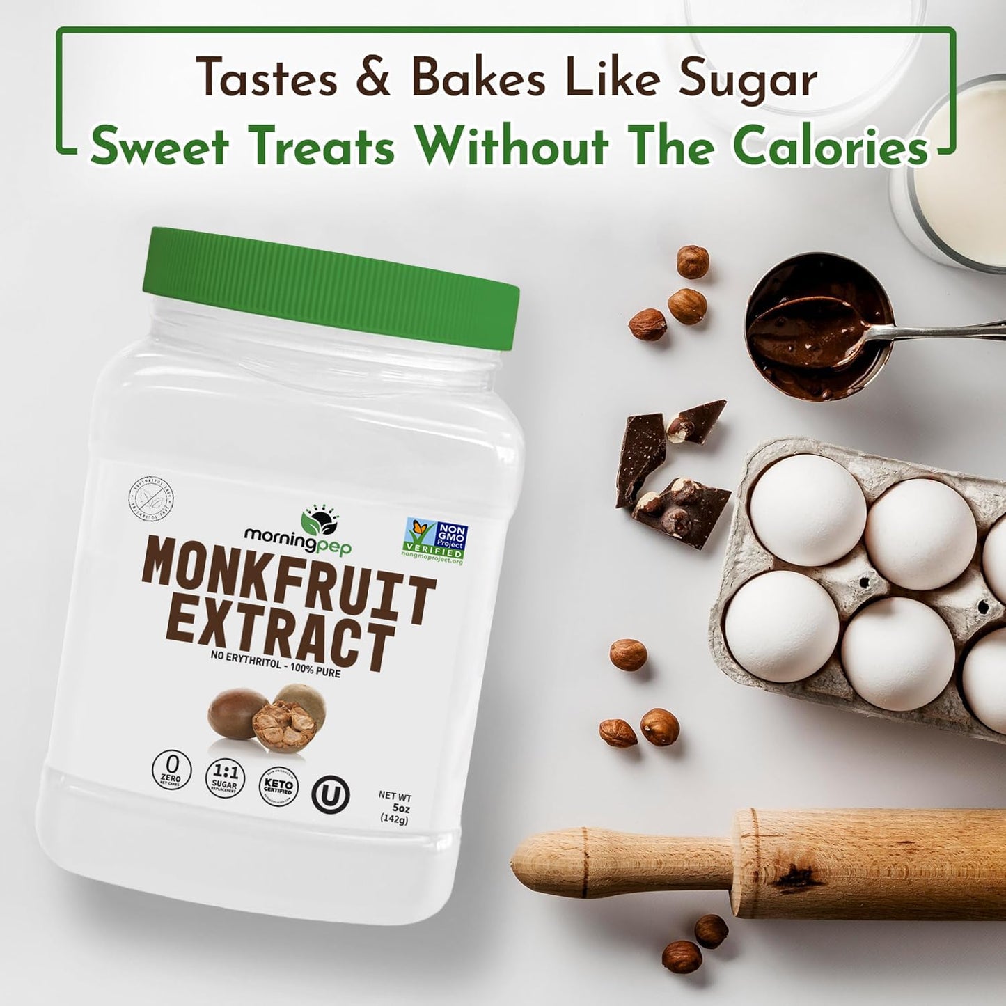 Morning Pep Monk Fruit Extract Sweetener, 100% Pure, Non-GMO, Keto Certified, 5 oz - Zero Calories, No Erythritol, Over 450 Servings