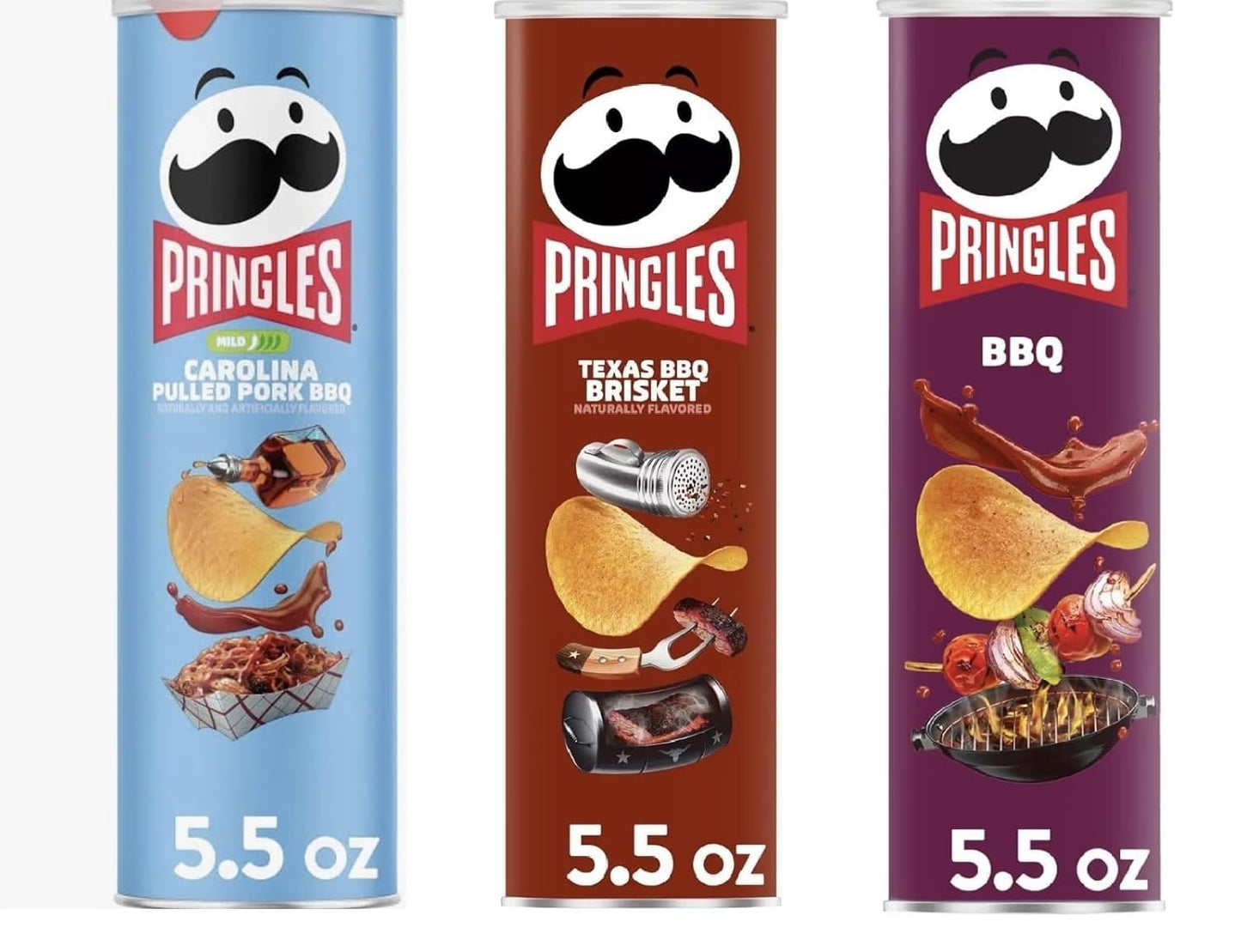 Pringles Potato Chips Trio Variety Set 5.5oz - 3 cans (Carolina Pulled Pork BBQ, Texas Brisket, BBQ)