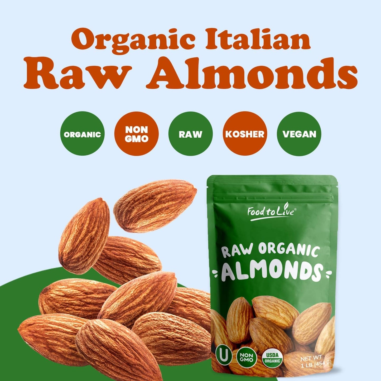 Food To Live - Organic Imported Almonds, 8 Pounds Non-Gmo, Whole, No Shell, Unpasteurized, Unsalted, Vegan, Kosher, Keto-Friendl