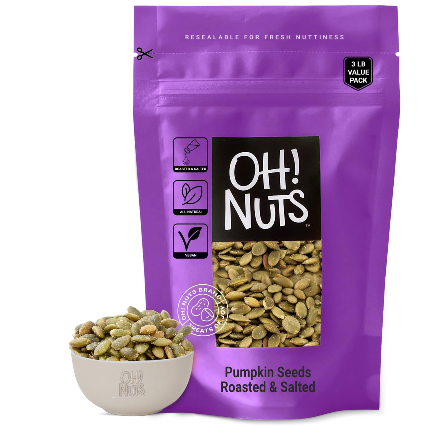 Pumpkin Seeds | Roasted Salted | 3 lb | No Shell Pepitas | Packed in New York Zip-Seal Bag for Exceptional Freshness by Oh Nuts