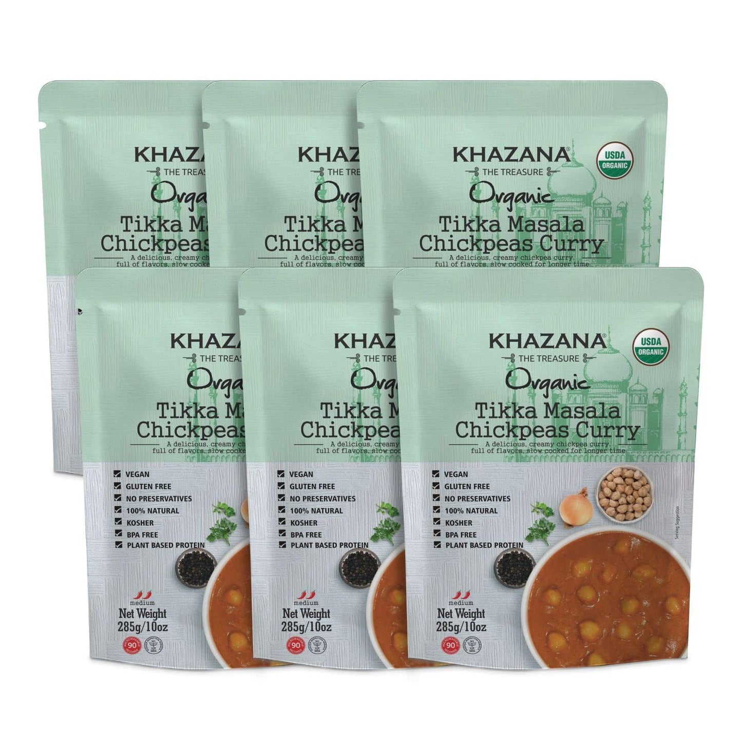 Khazana Organic Ready to Eat Meals - Tikka Masala Chickpeas Curry (Pack of 6, 10oz Pouches) - Non-GMO, Vegan, Gluten Free & Kosh