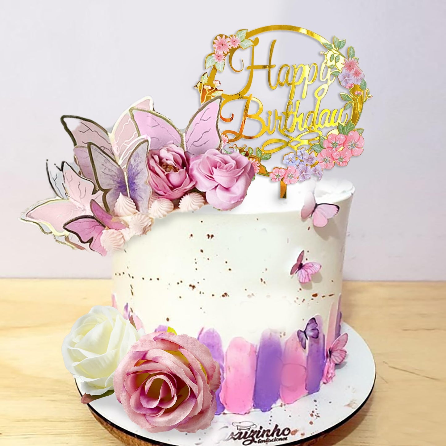DRWATE 28Pcs Butterfly Cake Topper Set with Artificial Flowers - Pink & Purple Decorations for Birthday & Anniversary Parties