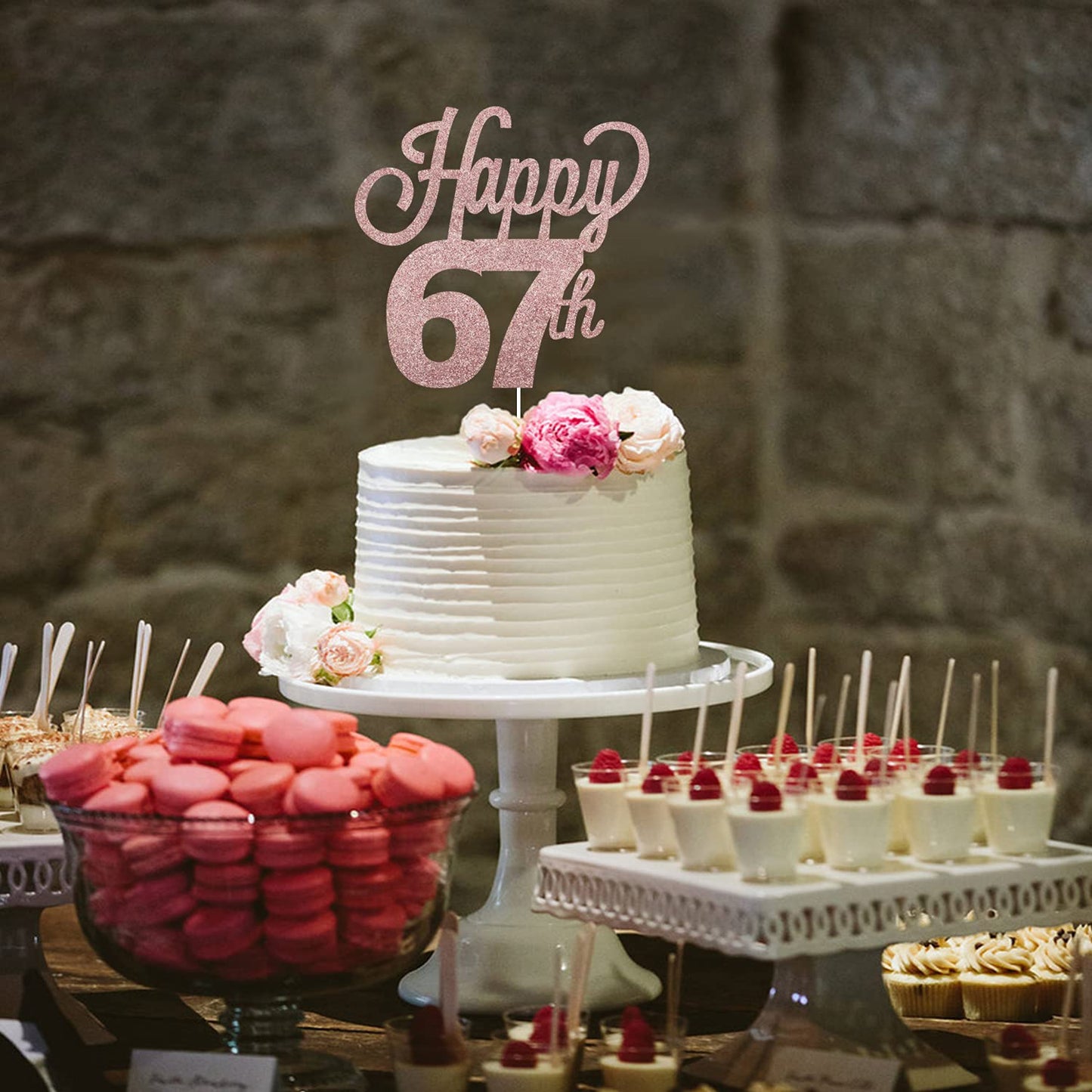 LINGTEER Happy 67th Birthday Cake Topper - Rose Gold Paper Decoration for 67th Birthday Party