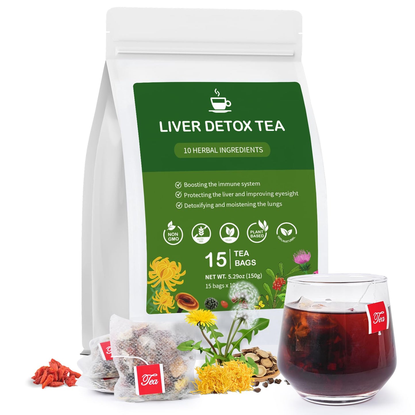 Liver Detox Tea Chinese Kidney and Liver Cleanse Detox Herbal Tea Support Kidney Healthy Function with 11 Precious Ingredients Formula (15 Bags/1 Pack)