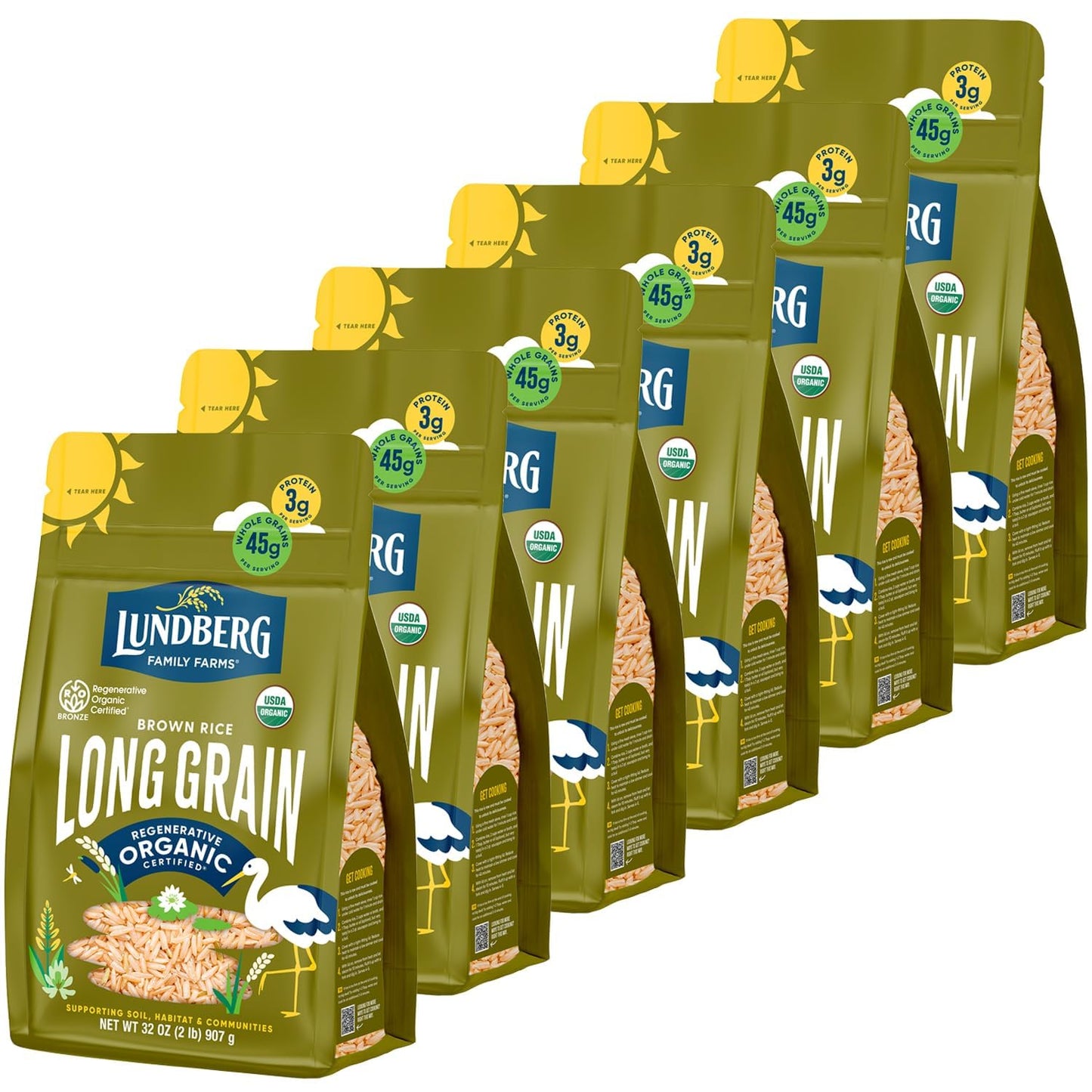 Lundberg Brown Rice, Regenerative Organic Certified, 6-Pack – Non-Sticky, Aromatic Long Grain Rice, Responsibly Grown in California, 32 Oz Ea
