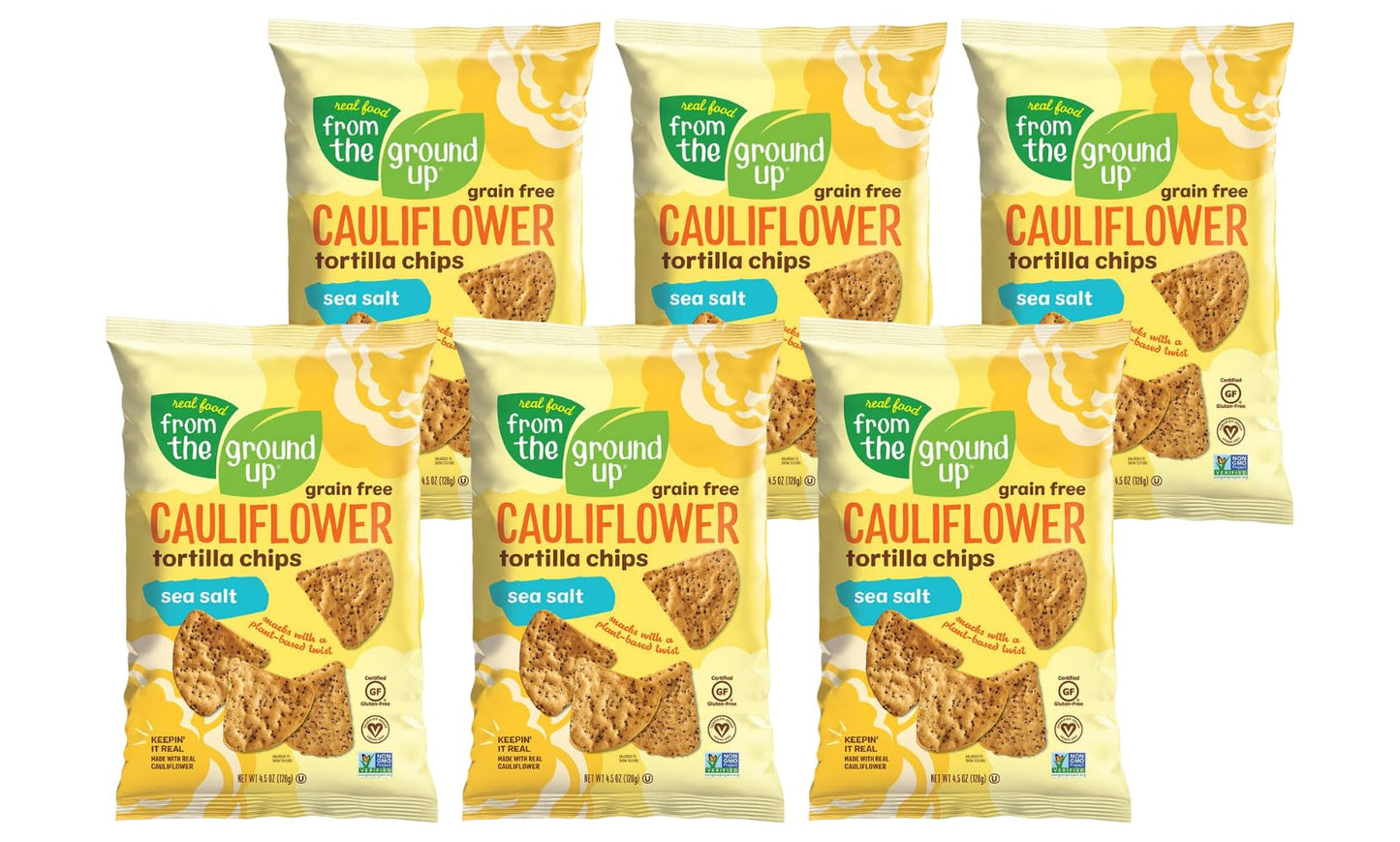 Real Food From The Ground Up Cauliflower Tortilla Chips - 6Count, 4.5 Oz Bags (Salted)