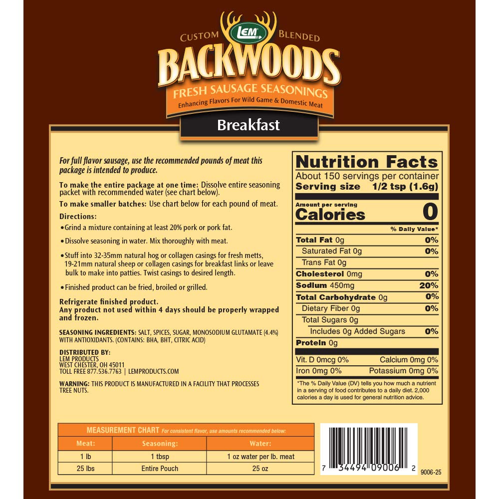 Lem Products Backwoods Breakfast Fresh Sausage Seasoning, Ideal For Wild Game And Domestic Meat, Seasons Up To 25 Pounds Of Meat, 8.3 Ounce Packet