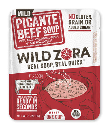 Wild Zora Instant Keto-Friendly Soups Picante Beef 8-Pack Broth Made With 100% Grass-Fed Beef, And Vegetables, Gluten-Free, Grai