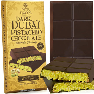Dubai Dark Chocolate Bar Pistachio - Crispy Kataifi With Pistachio Paste | Gourmet Gift Chocolate | 7Oz Rich, Textured Treat