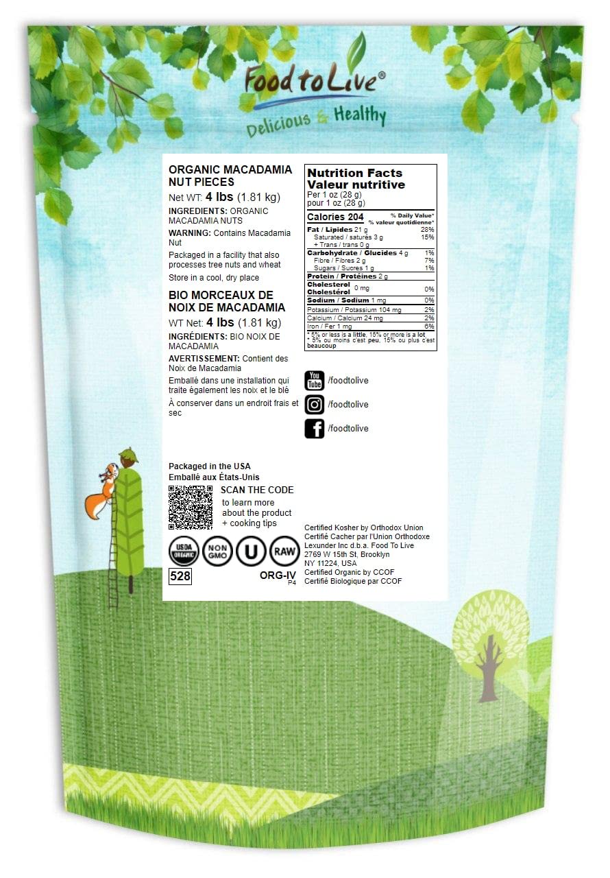 Food To Live Organic Macadamia Nut Halves & Pieces, 4 Pounds – Non-Gmo, Raw, Shelled, Unsalted, Kosher, Vegan, Bulk. Keto Snack. Good Source Of Healthy Fats. Great As Topping For Yogurt, Cereal.