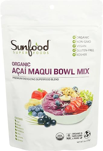 Sunfood Superfoods Organic Acai Maqui Bowl Mix - Acai Powder Organic, Acai Powder For Smoothie Bowles, Maqui Powder Organic, Maqui Berry Extract, Antioxidants & Vitamin C - 6 Oz Bag