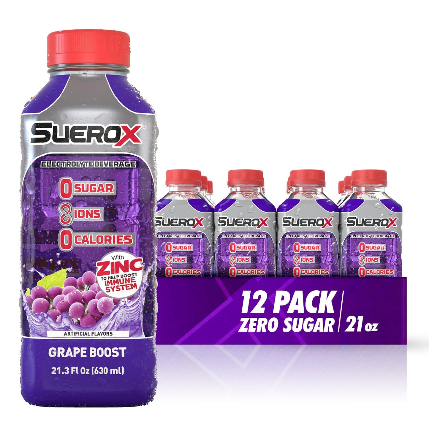 SueroX Zero Sugar Electrolyte Drink, Hydration & Recovery, 21.3 Fl Oz, Grape Boost, Pack of 12