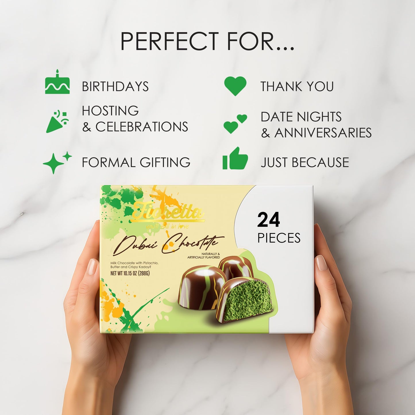 Fiorella Dubai Chocolate Truffles Gift Box, Milk Chocolate With Pistachio, Butter & Crispy Kataifi, 24-Piece Box, Christmas Chocolate Candy