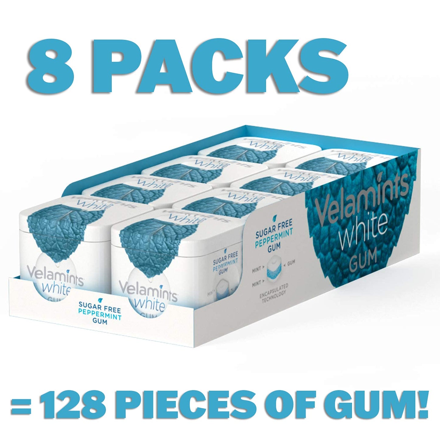 Velamints White Peppermint Gum - Sugar Free Chewing Gum, Long Lasting Freshener, 40g (Pack of 8 Tins)