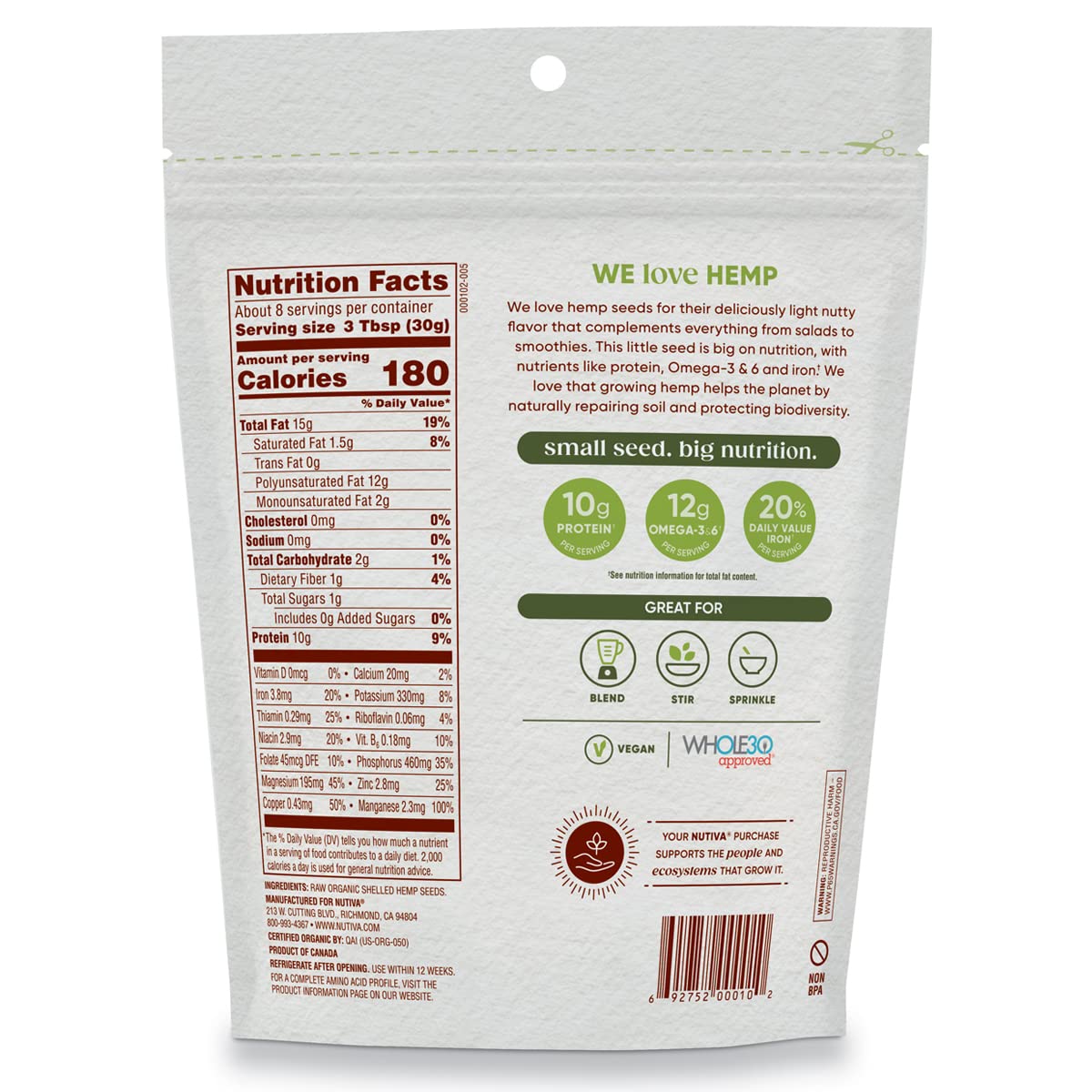 Nutiva Organic Raw Shelled Hemp Seed, Usda, Non-Gmo, Non-Bpa, Whole 30 Approved, Vegan, Gluten-Free & Keto, 10G Protein And 12G