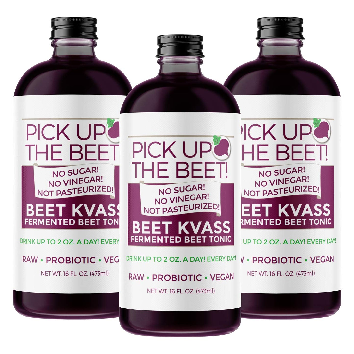 Pick Up The Beet Organic Beet Juice Beet Kvass, 48 Oz (3 x 16 Oz Bottles), Sugar-Free, Nitric Oxide Superfood for Circulation
