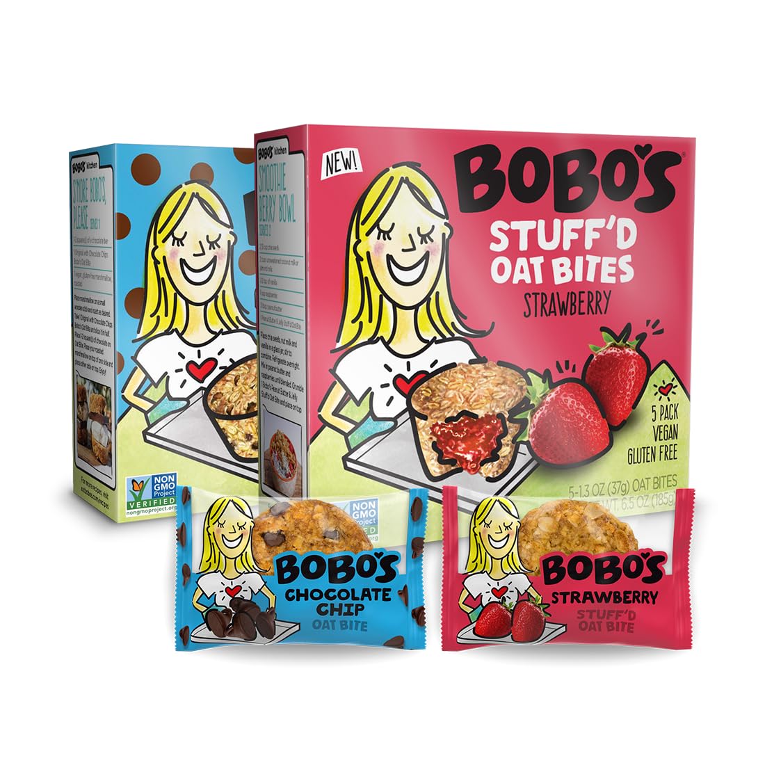 Bobos Oat Bites Variety - 10 Strawberry Stuffd and 10 Chocolate Chip, Whole Grain Oats, Plant Based, Non-GMO, Gluten Free Brea