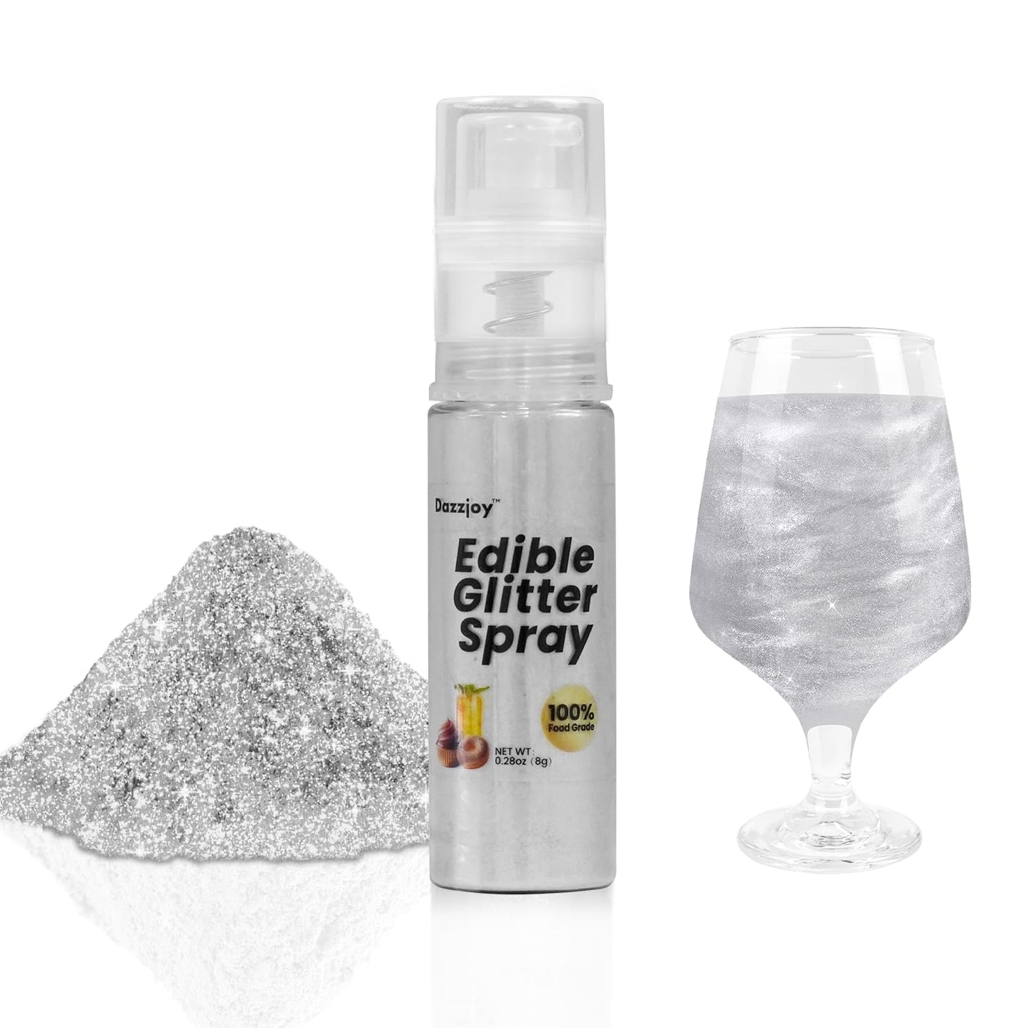 Dazzjoy Silver Edible Glitter Spray 8G 100% Food Grade Kosher & Halal Shimmer Edible Glitter For Drinks Mixed Flavor Cupcake Desserts
