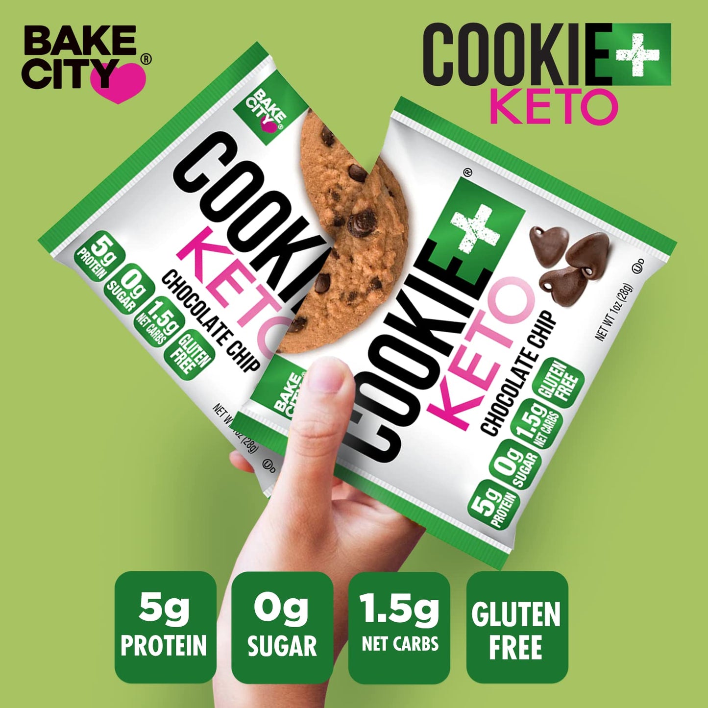 Bake City Cookie Plus Keto | 1Oz Chocolate Chip Cookies (12 Pack), Gluten Free, 0G Sugar, Only 1.5G Net Carbs, Good Fats, 5G Pro