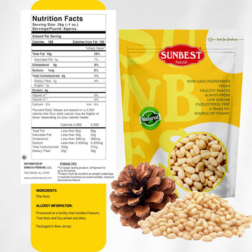 Sunbest Natural Pine Nuts Pignolia 32 Oz (2 Lbs) 1 Pack – Unsalted, Raw, Crunchy, Fresh & Delicious, Kosher Certified - Ideal For Snacking, Topping & Baking - Non-Gmo, Gluten Free