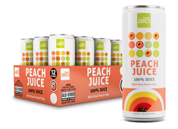 ALO Slim Can Juice, Peach Flavored Juice| 10.82 fl oz, Pack of 12 | Plant-Based Beverage, 100% Natural Juice