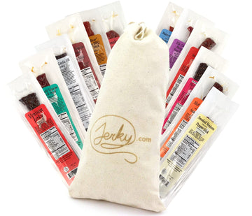 Jerky.com Exotic Meat Sticks Gift Bag | Wild Game Jerky Sampler with Venison, Elk & Wild Boar | 12pc High Protein Jerky Variety