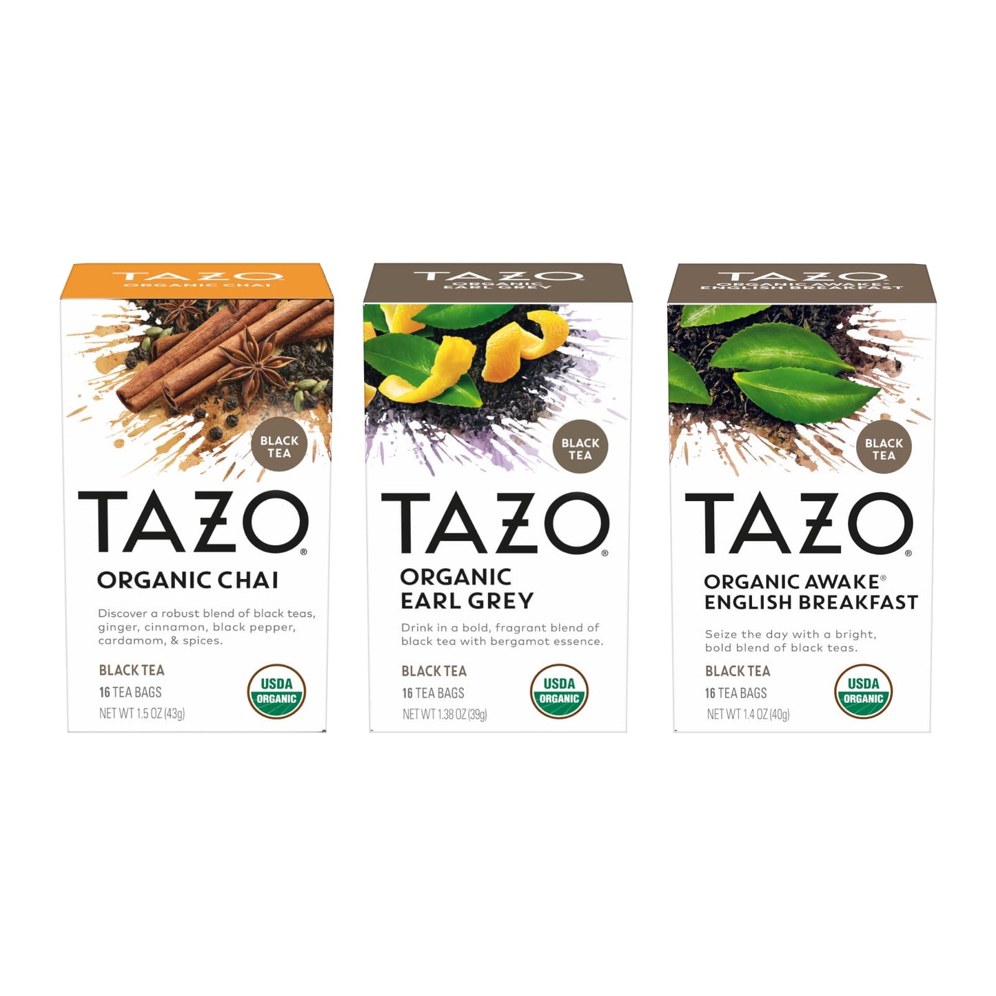 Tazo Tea Bags Regenerative Organic: Chai Black Tea Awake English Breakfast Black Tea & Earl Grey Tea 16 Ct (1Ea) (Variety Pack)