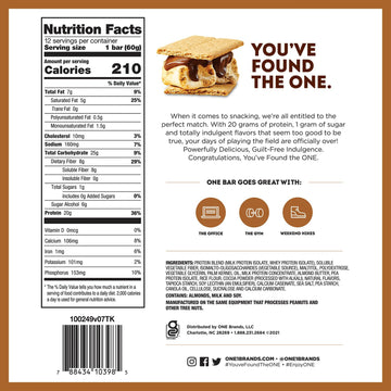 One Protein Bars, Smores, Gluten Free Protein Bars With 20G Protein And 1G Sugar, Pantry Staples, 2.12 Oz (12 Count)