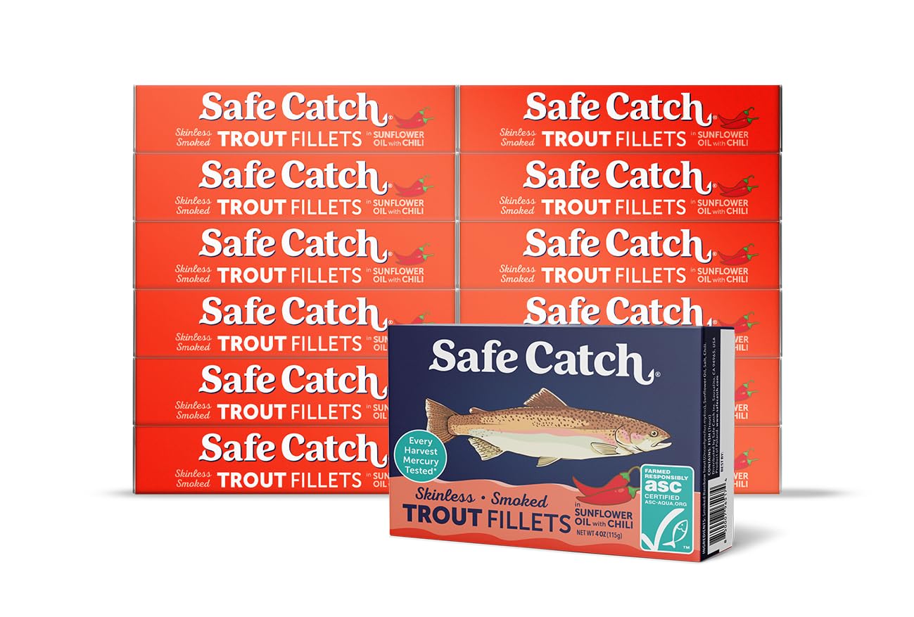 Safe Catch Smoked Rainbow Trout Fillets In Sunflower Oil With Chili, Skinless And Boneless Canned Fish, Mercury Tested, Pack Of 12