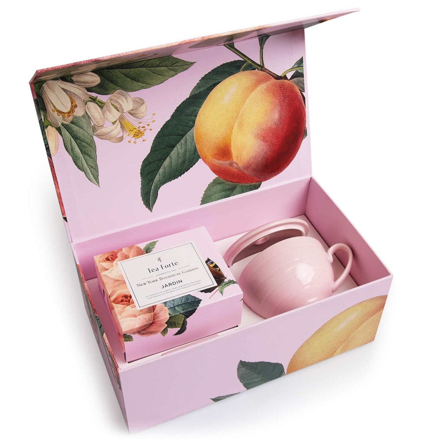 Tea Forte Jardin 3-Piece Tea Gift Set With Pink Cafe Cup With Lid, Tea Tray And 10 Assorted 2 Of Each Variety Organic Handcrafted Pyramid Infuser Tea Bags