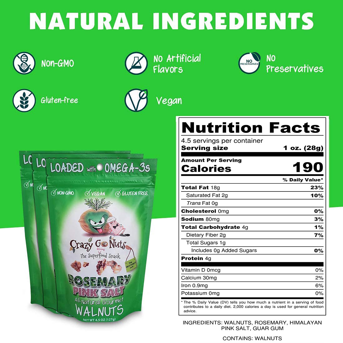 Crazy Go Nuts Walnuts - Rosemary Pink Salt, 4.5 Oz (3-Pack) - Healthy Snacks, Keto, Vegan, Low Carb, Gluten Free, Superfood - Na