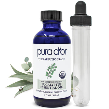 Pura D'Or Organic Eucalyptus Essential Oil (4Oz With Glass Dropper) 100% Pure & Natural Therapeutic Grade For Hair, Body, Skin,