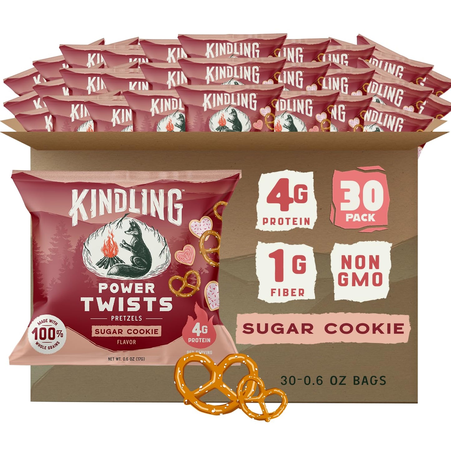 Kindling Protein Pretzels | Protein-Packed Snack Size Bags | Kosher | 8-9G Protein Per Serving | No Artificial Flavors Soy-Free | Lunches Office Snacks & On-The-Go 0.6 Ounce (Pack Of 30) Sugar Cookie