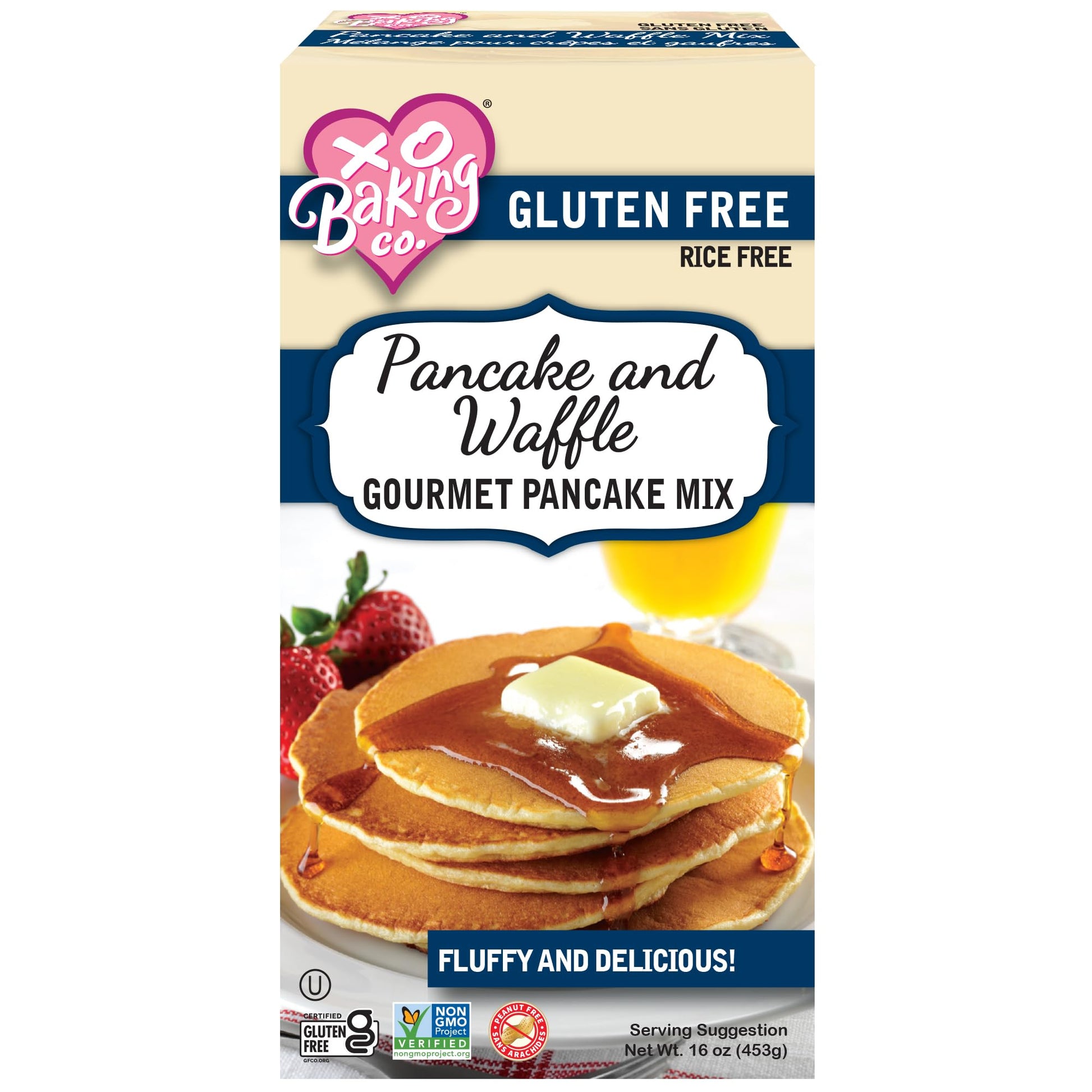 XO Baking Co. Gluten Free Gourmet Pancake & Waffle Mix; Non-GMO; Kosher; Rice Free; Peanut Free; Soy Free; Dairy Free; No Preser