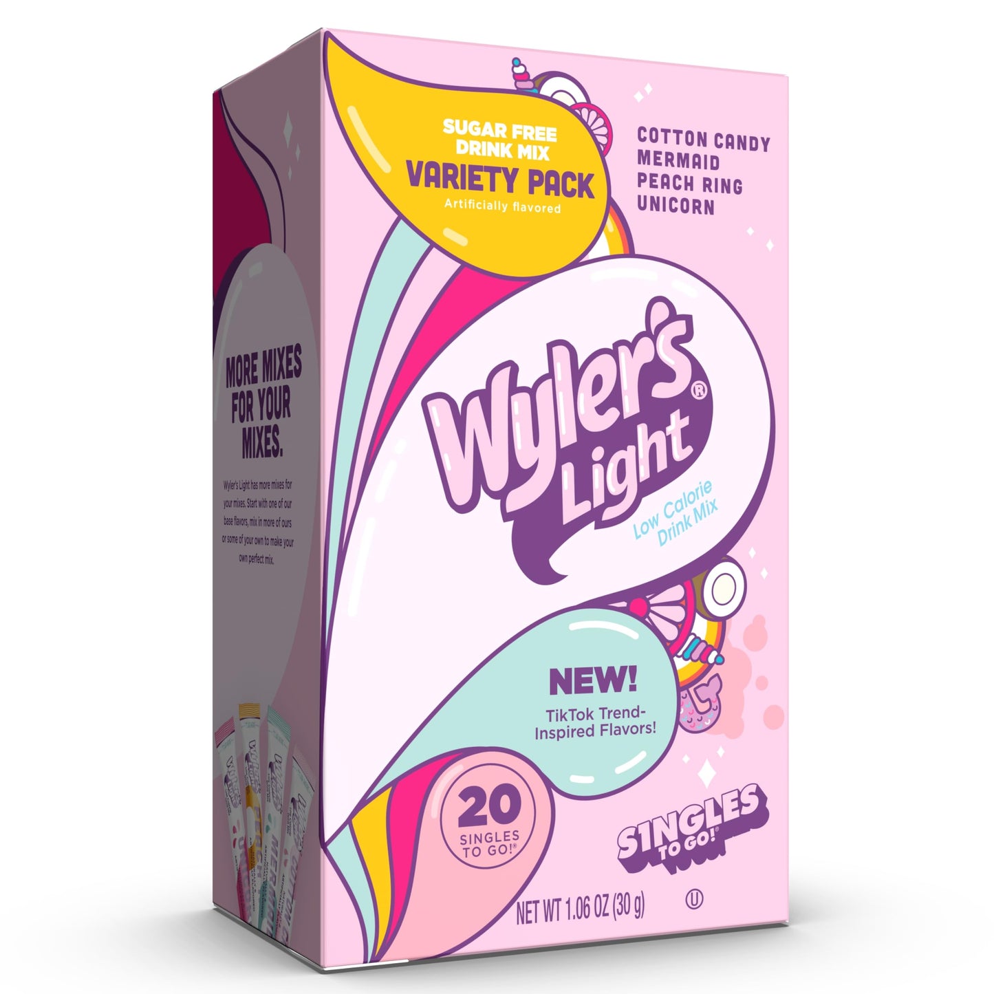Wylers Light Singles to Go Powder Packets, Variety Pack, 20 Count, Sugar & Caffeine Free, Cotton Candy, Peach Ring, Unicorn, Mermaid