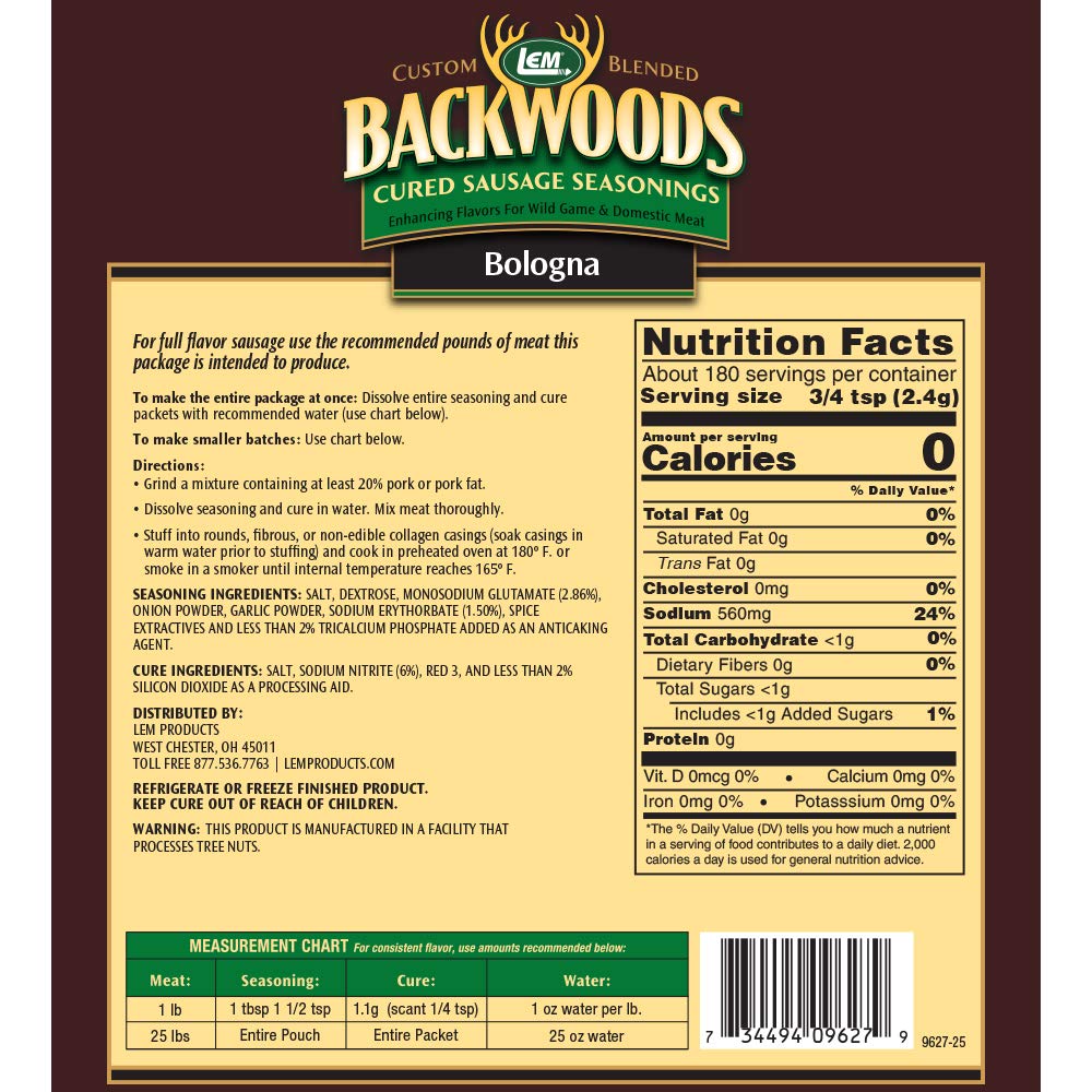 LEM Products Backwoods Bologna Cured Sausage Seasoning, Ideal for Wild Game and Domestic Meat, Seasons Up to 25 Pounds of Meat,