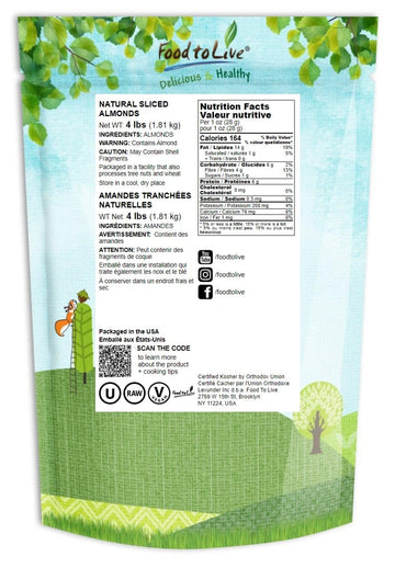 Food To Live California Natural Sliced Almonds, 4 Pounds - Raw Unblanched Almond Nuts, Kosher, Vegan, Keto, Bulk. High In Protei