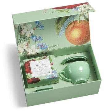 Tea Forte Fleur 3-Piece Premium Tea Gift Set With Pale Mint Green Cafe Cup With Lid, Tea Tray And 10 Assorted 2 Of Each Variety