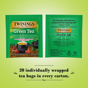 Twinings Green Tea With Pomegranate, Raspberry, And Strawberry - Caffeinated Green Tea Bags Individually Wrapped, 20 Count (Pack