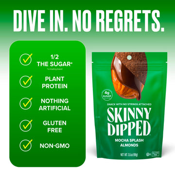 SkinnyDipped Mocha Splash Almonds, Healthy Snack, Plant Protein, Gluten Free, 3.5 oz Resealable Bags, Pack of 5