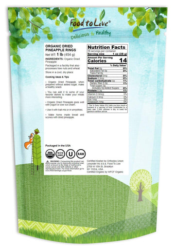 Food to Live Organic Dried Pineapple Rings, 1 Pound Non-GMO, Flavorful Chewy Fruit Snack, Vegan, Unsulfured, No Sugar Added, Bul